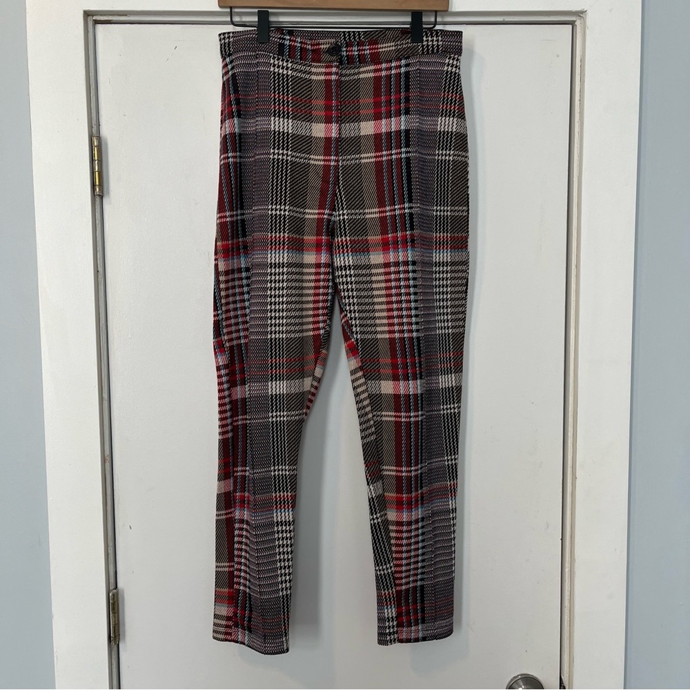 Free People Carnaby plaid pants Red Black white blue checkered size 10 fitted